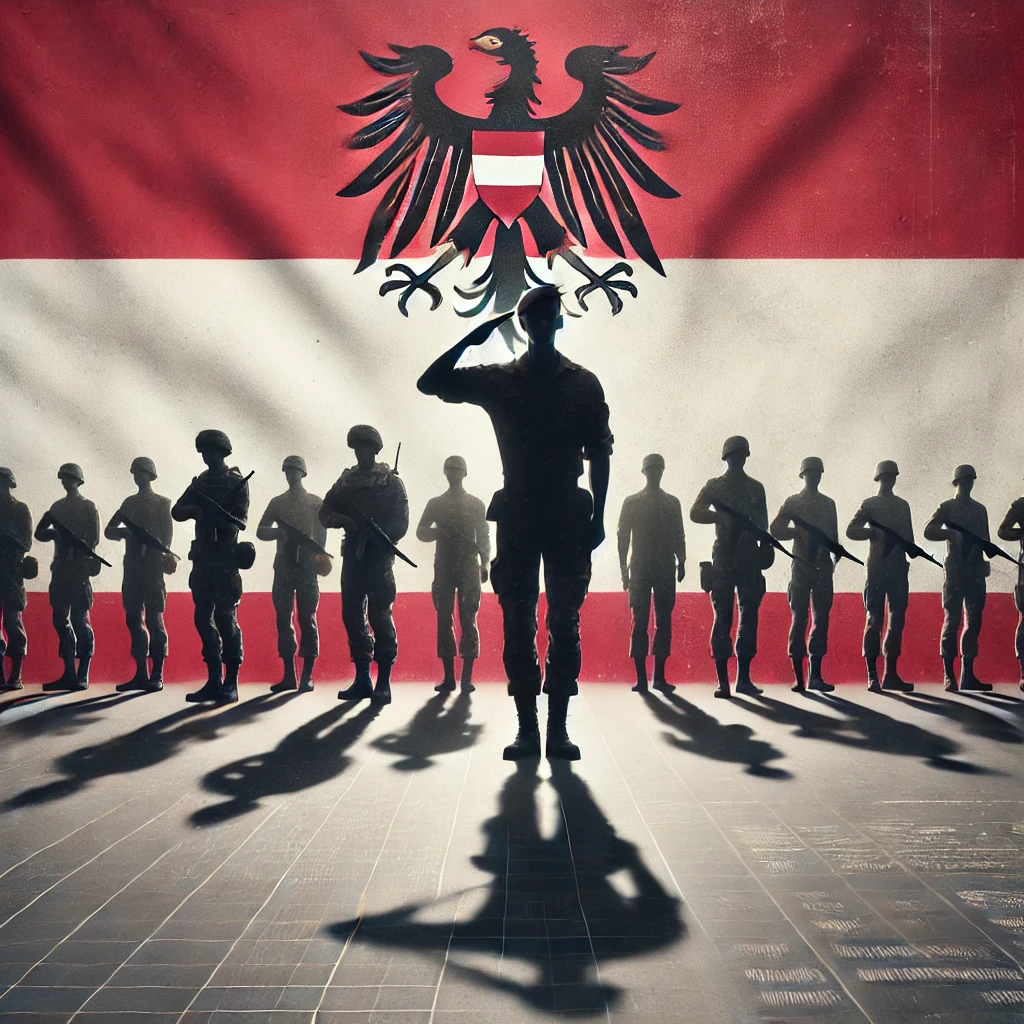 A stylized depiction of the Austrian military before the backdrop of an Austrian flag